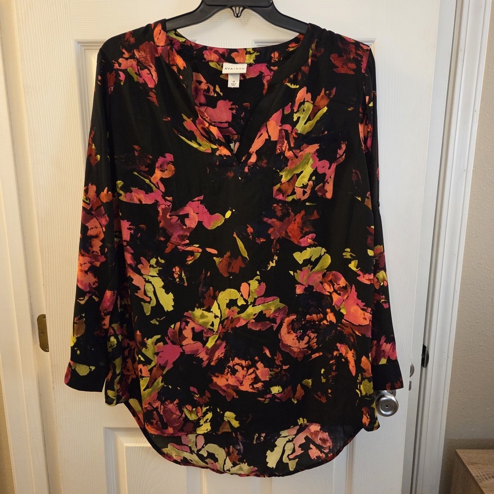 Ava & Viv sz 1X pullover artsy print tunic top 3/4 roll tab slv feminine boho